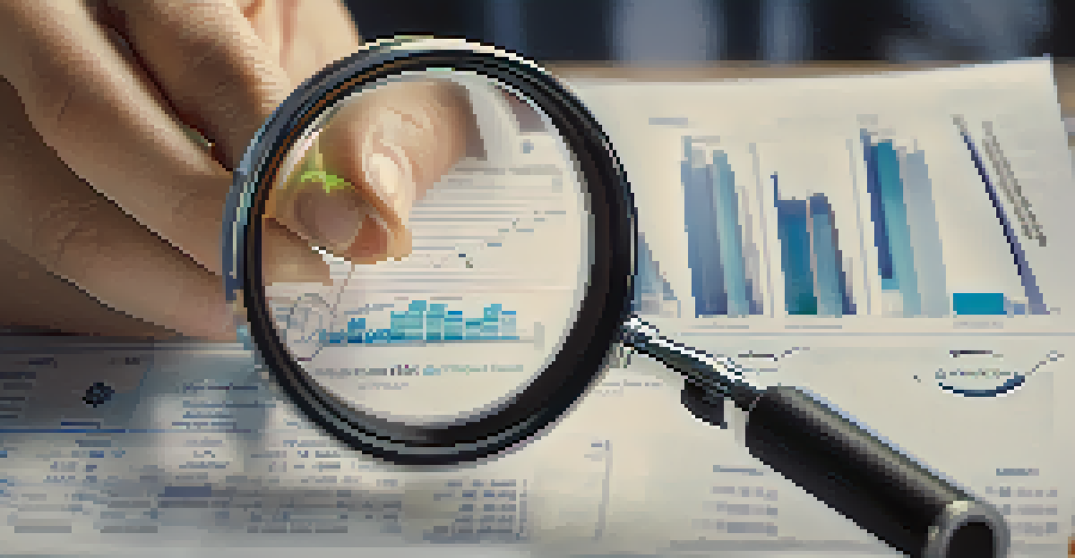 A hand with a magnifying glass examining a financial report, emphasizing the details of fees and performance metrics.