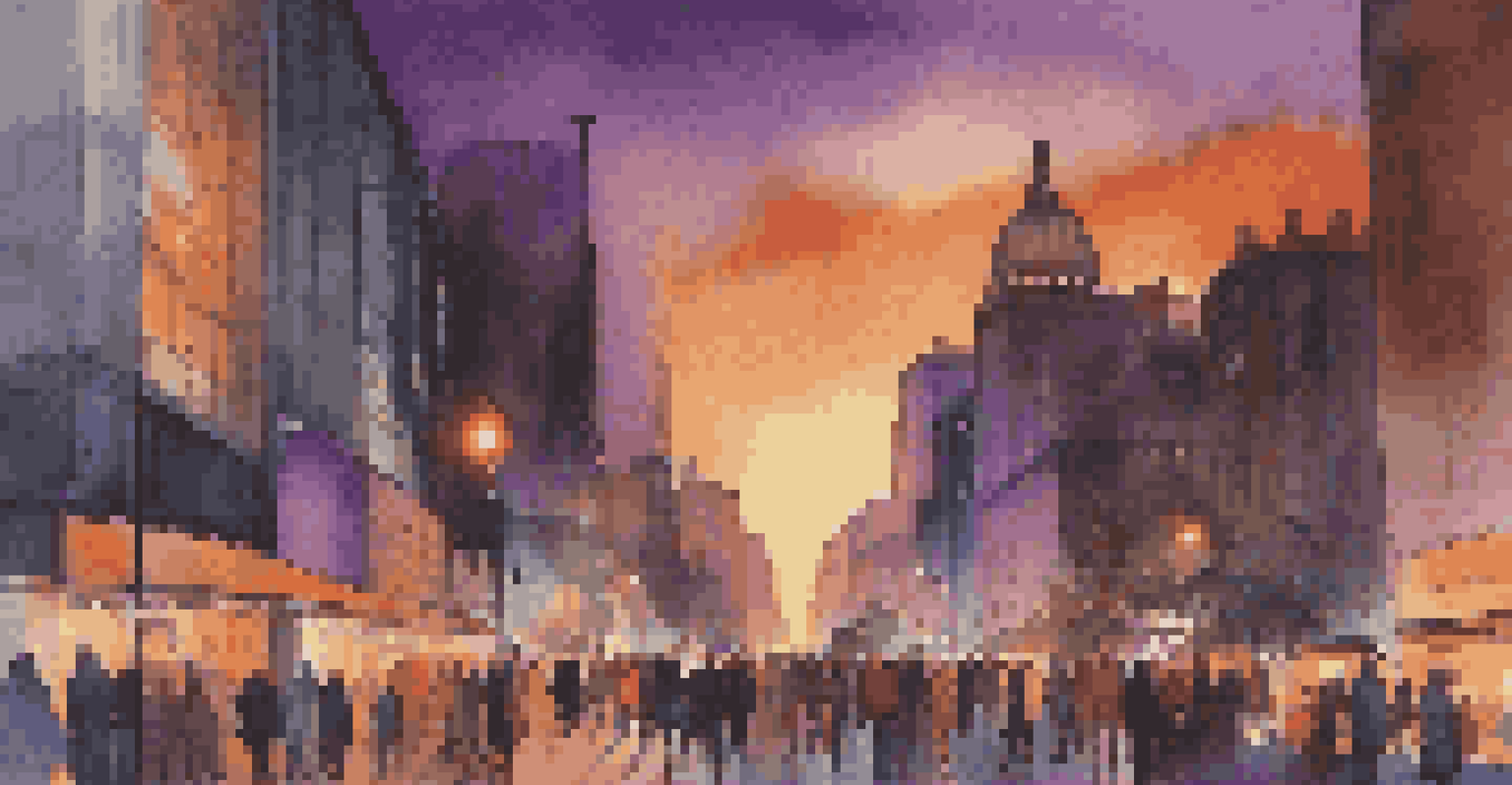 A city skyline at sunset with people walking on a lively street.