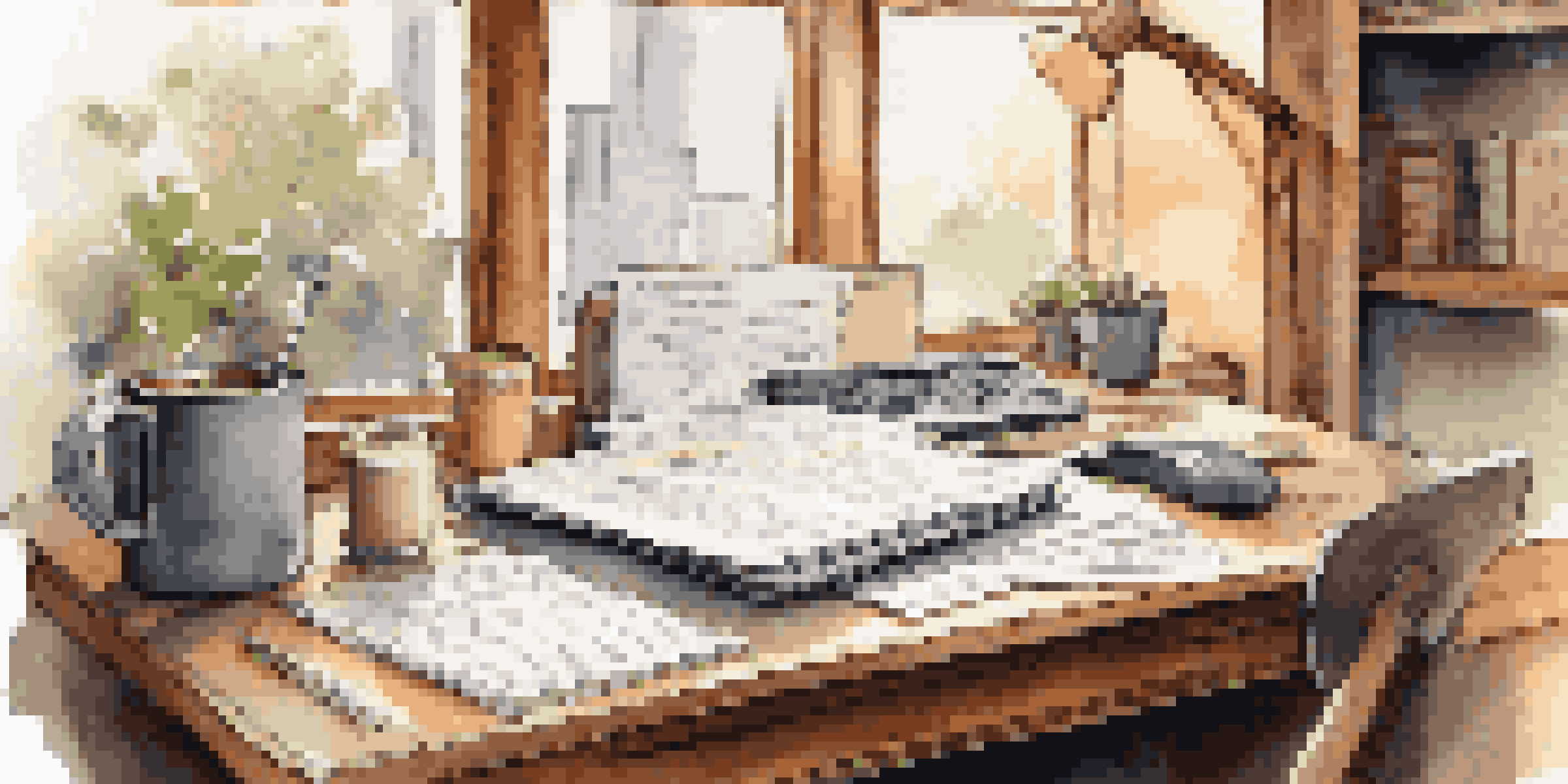 A peaceful financial planner's desk with a laptop showing stock market graphs, books, coffee, and a notepad, illuminated by soft morning light.