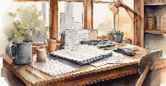 A peaceful financial planner's desk with a laptop showing stock market graphs, books, coffee, and a notepad, illuminated by soft morning light.