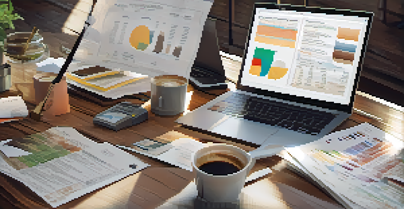 A close-up view of an investment portfolio on a wooden table, featuring documents and a laptop.