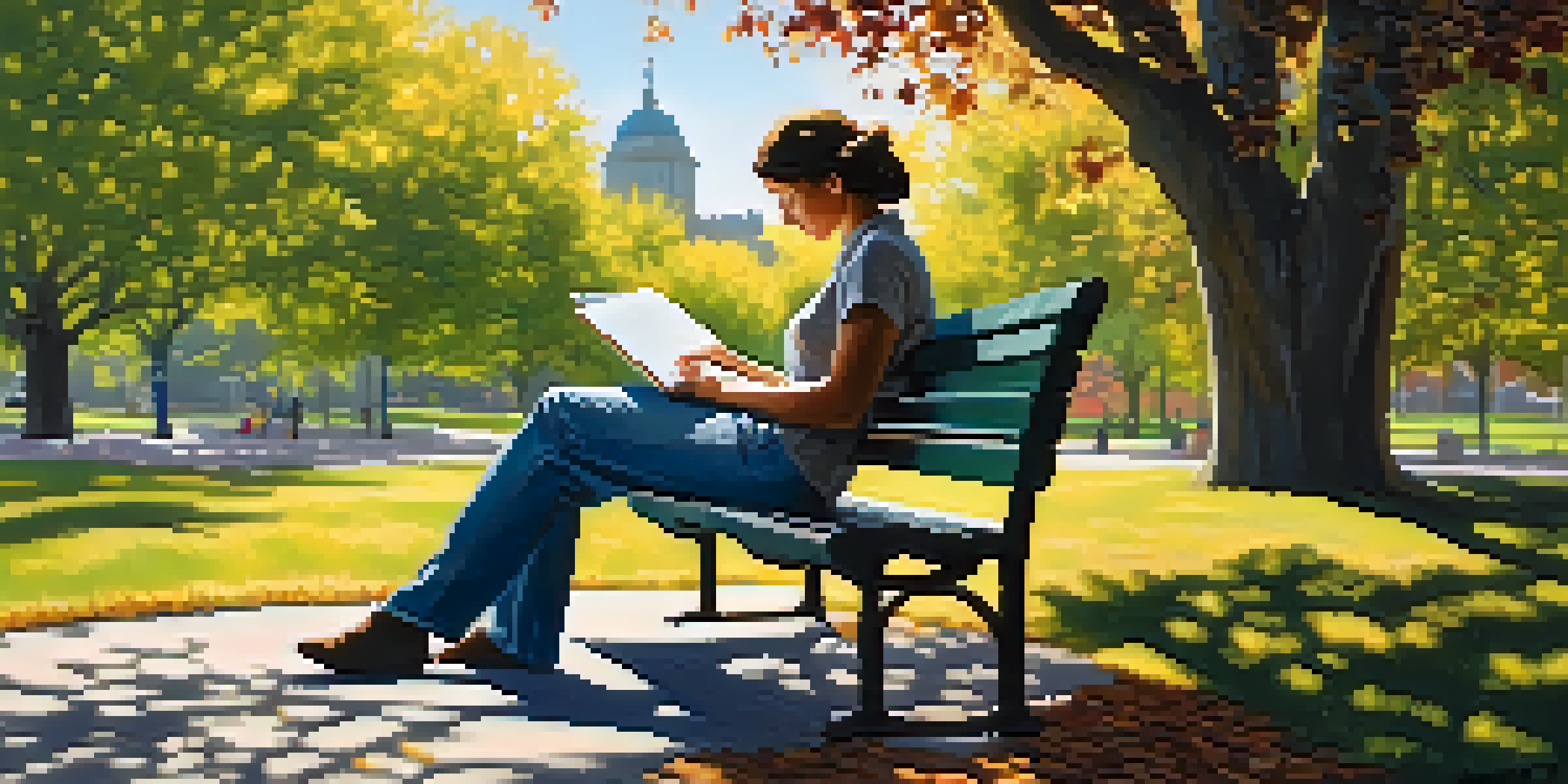 A person writing in a notebook on a park bench surrounded by trees and flowers, with sunlight filtering through the leaves.