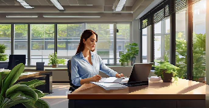 A business owner in a bright office reviewing financial documents, surrounded by plants and motivational quotes, symbolizing financial planning.