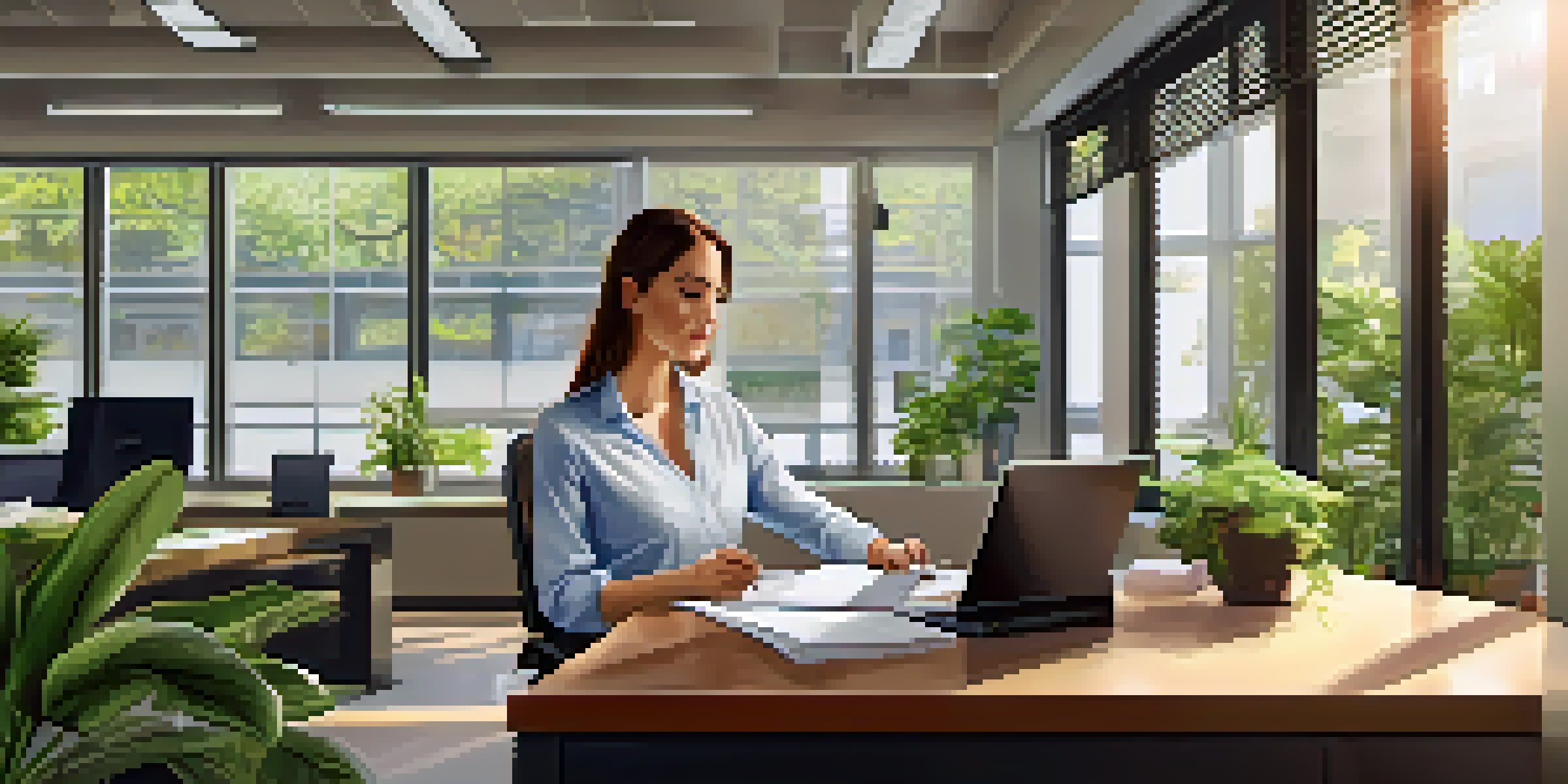 A business owner in a bright office reviewing financial documents, surrounded by plants and motivational quotes, symbolizing financial planning.