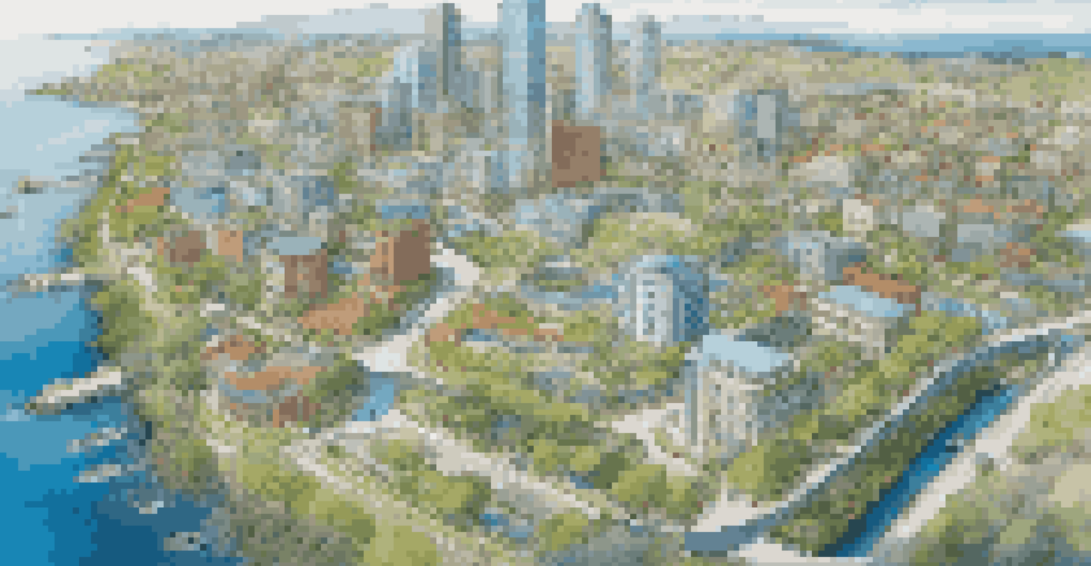 Aerial view of a coastal city with water management systems, green roofs, and rain gardens, showcasing a harmonious urban landscape.