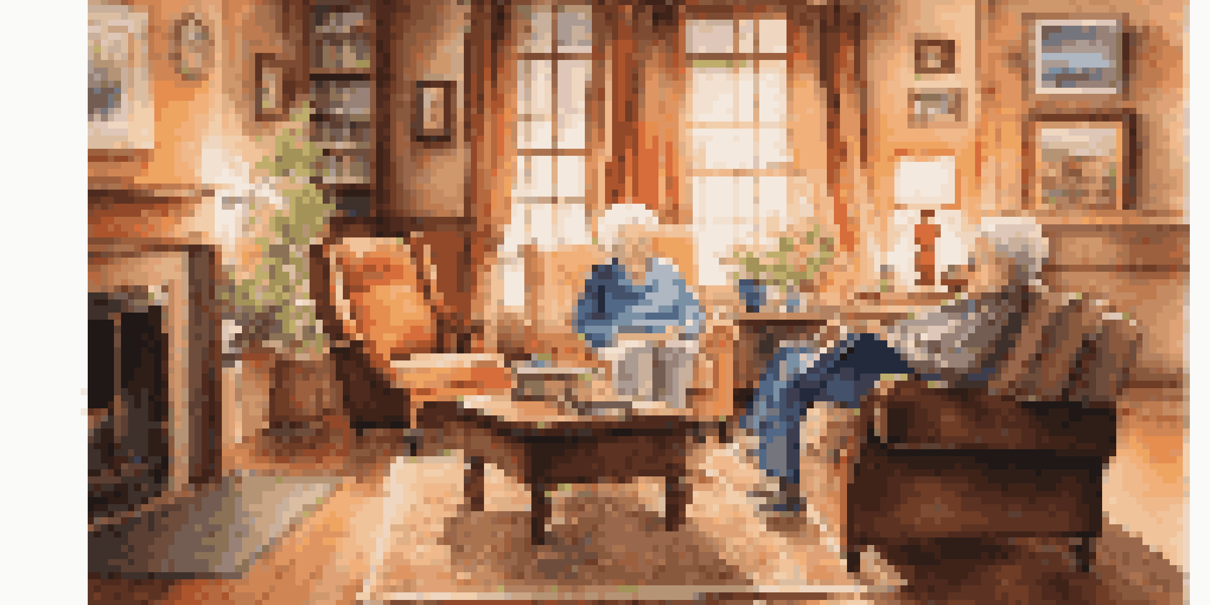 An elderly couple in a cozy living room, sitting in armchairs with family photos around them, illuminated by warm light.