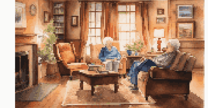 An elderly couple in a cozy living room, sitting in armchairs with family photos around them, illuminated by warm light.