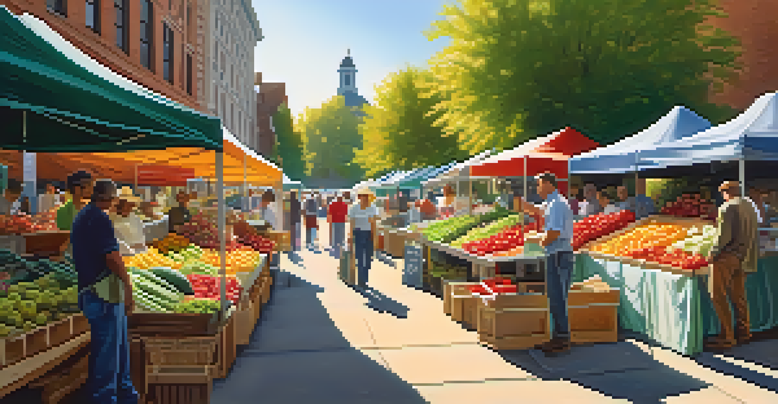 A lively farmer's market with colorful produce and shoppers engaging with vendors.