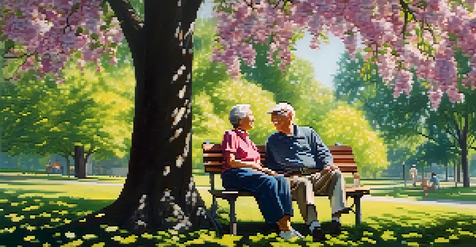An elderly couple sharing a picnic on a bench in a park, surrounded by trees and flowers, smiling happily.