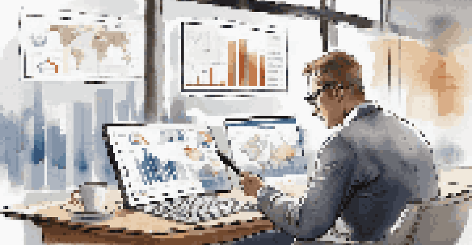 A business professional reviewing market data on a tablet in a bright office with charts around.