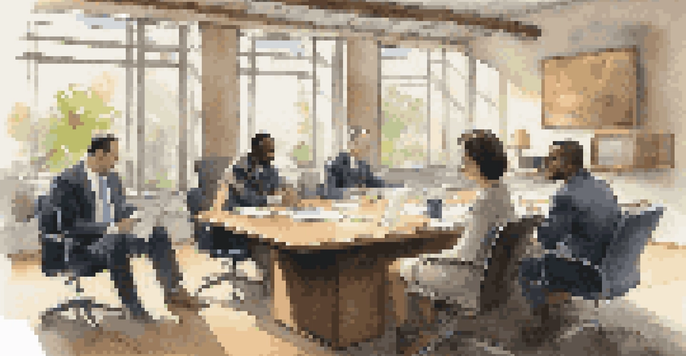 A diverse group of business professionals in a bright office negotiating at a large wooden conference table, with natural light illuminating the scene.