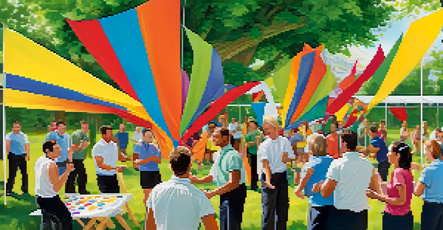Employees participating in a team-building outdoor event, showcasing camaraderie and teamwork with colorful banners in the background.