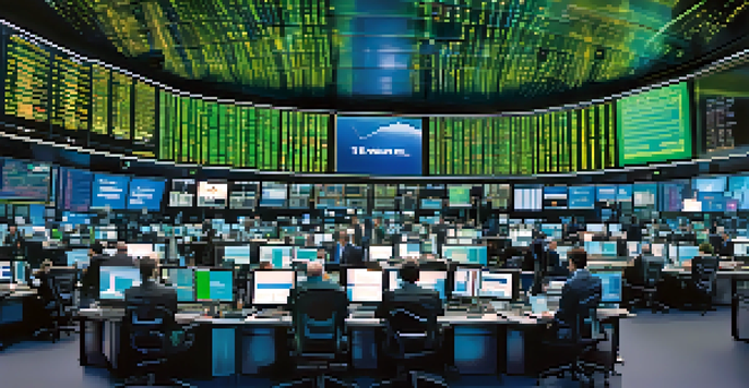 A lively financial trading floor with traders of various backgrounds looking at screens displaying stock prices, illuminated by bright lights.