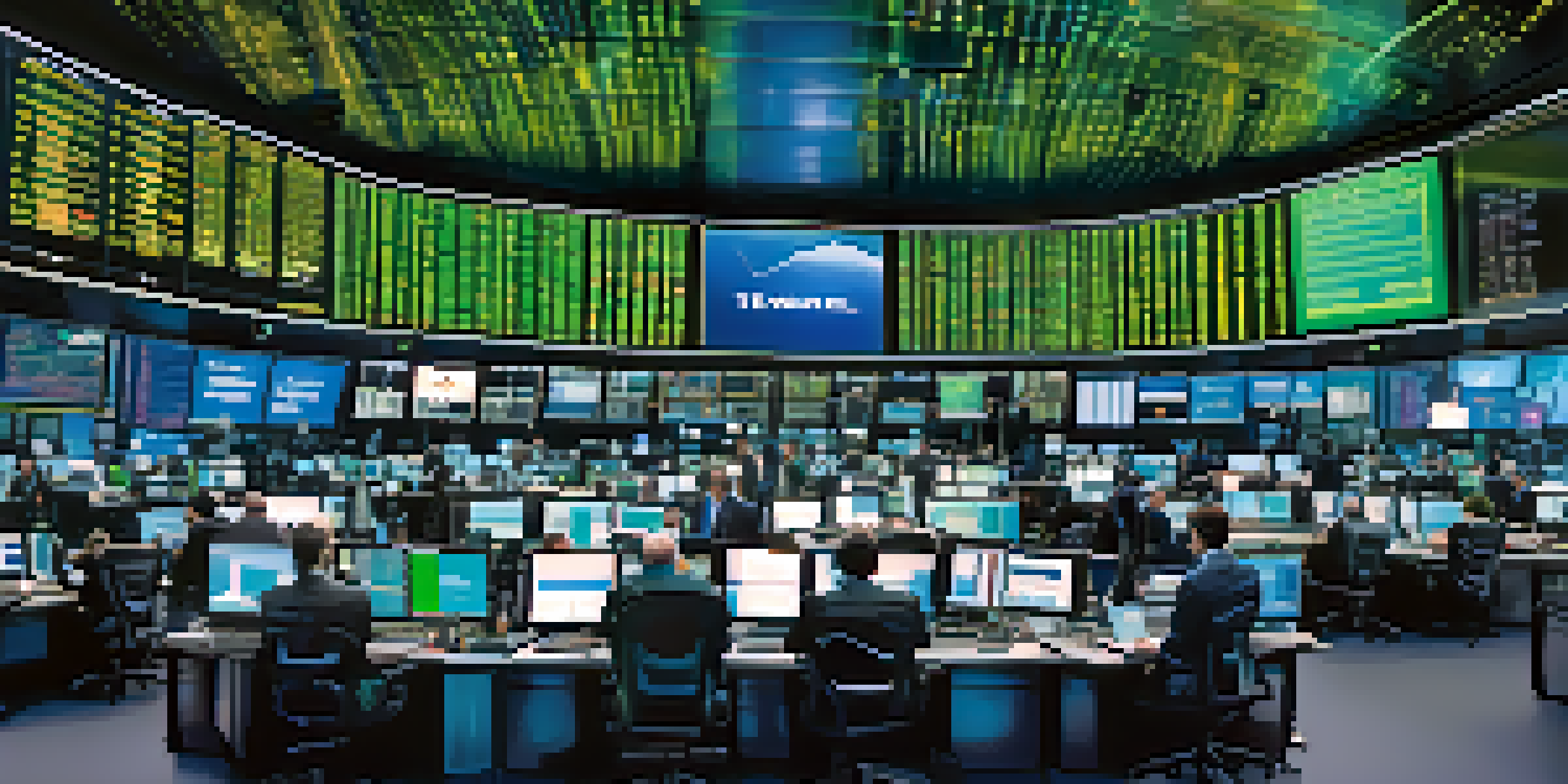 A lively financial trading floor with traders of various backgrounds looking at screens displaying stock prices, illuminated by bright lights.