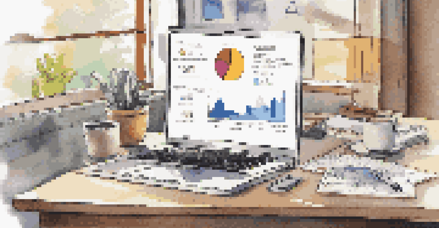 A laptop showing insurance investment charts, sticky notes with financial goals, and a cup of coffee on a desk with natural light coming in.