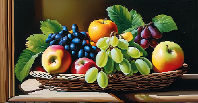 A colorful fruit basket filled with apples, bananas, oranges, and grapes on a wooden table, illuminated by natural light.