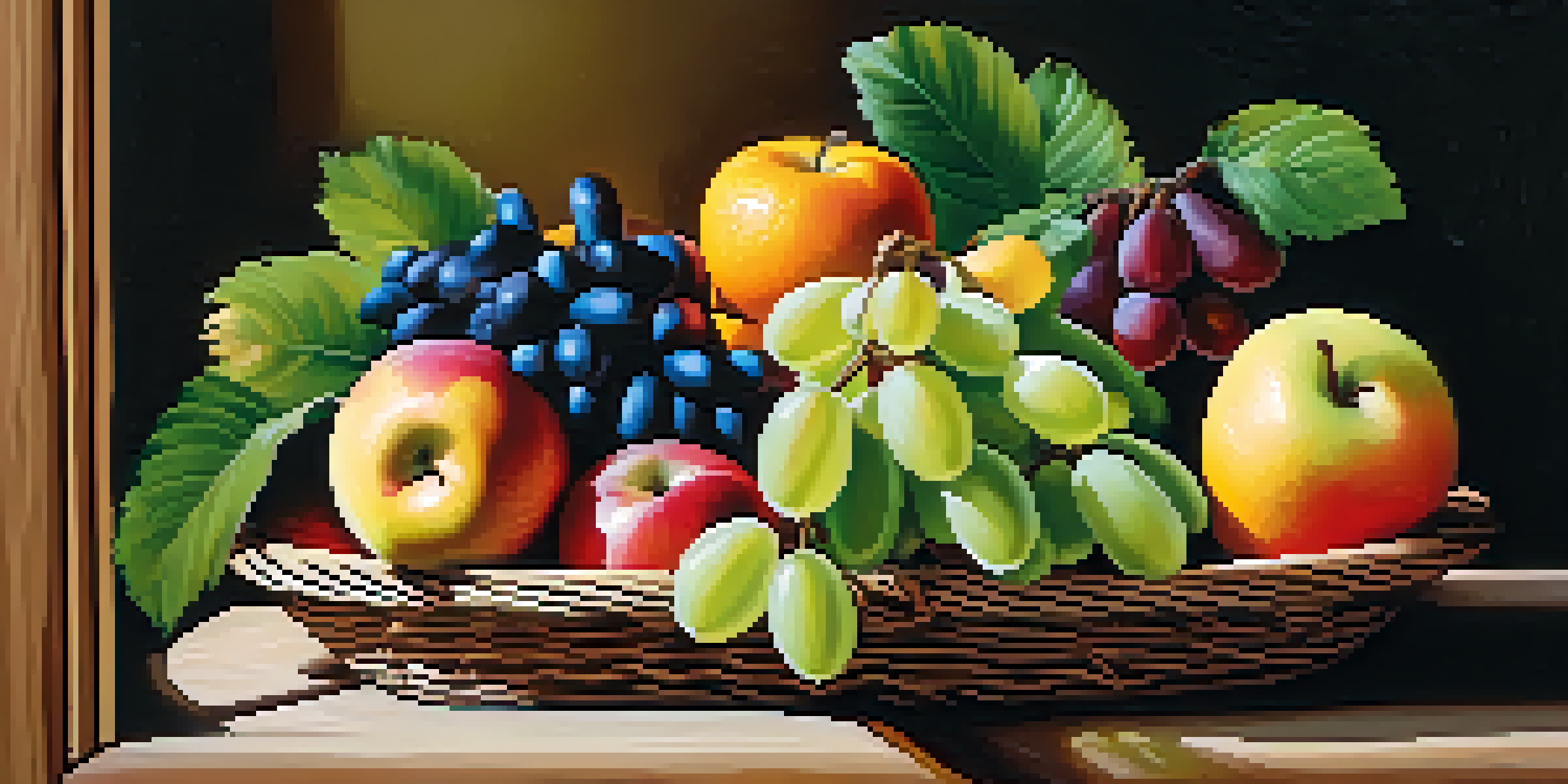 A colorful fruit basket filled with apples, bananas, oranges, and grapes on a wooden table, illuminated by natural light.
