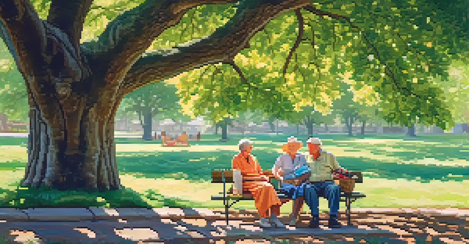 An elderly couple enjoying a picnic under a large tree on a sunny day.