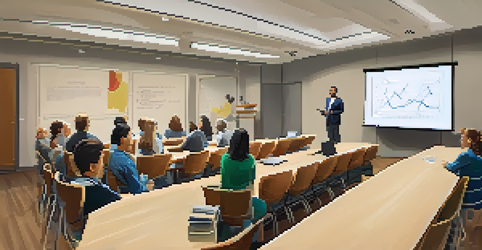 A guest speaker presenting in an educational workshop on investments, with an engaged audience taking notes and a projector screen in the background.