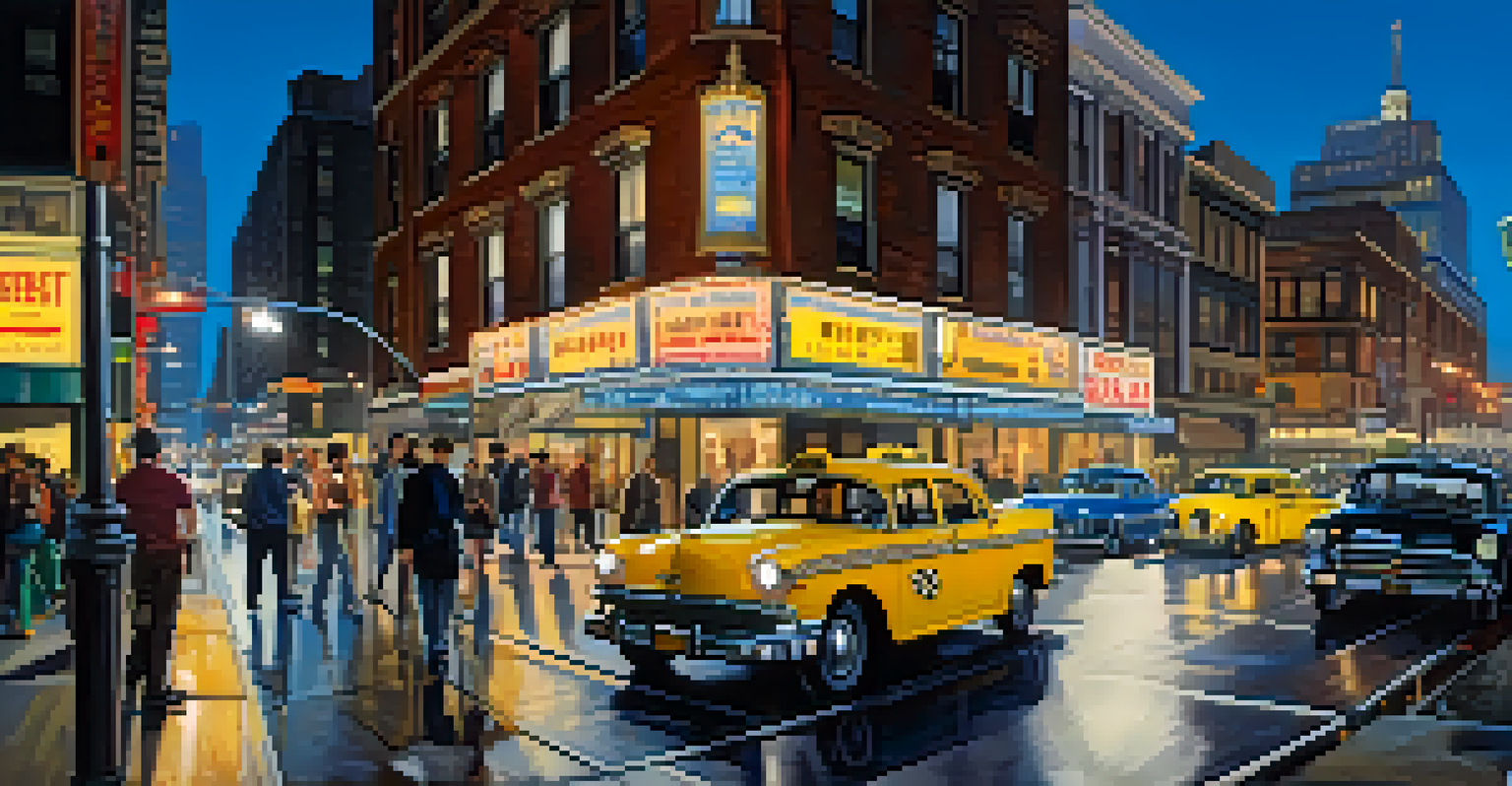 A busy city street at dusk with neon lights, people walking, and a yellow taxi in motion.