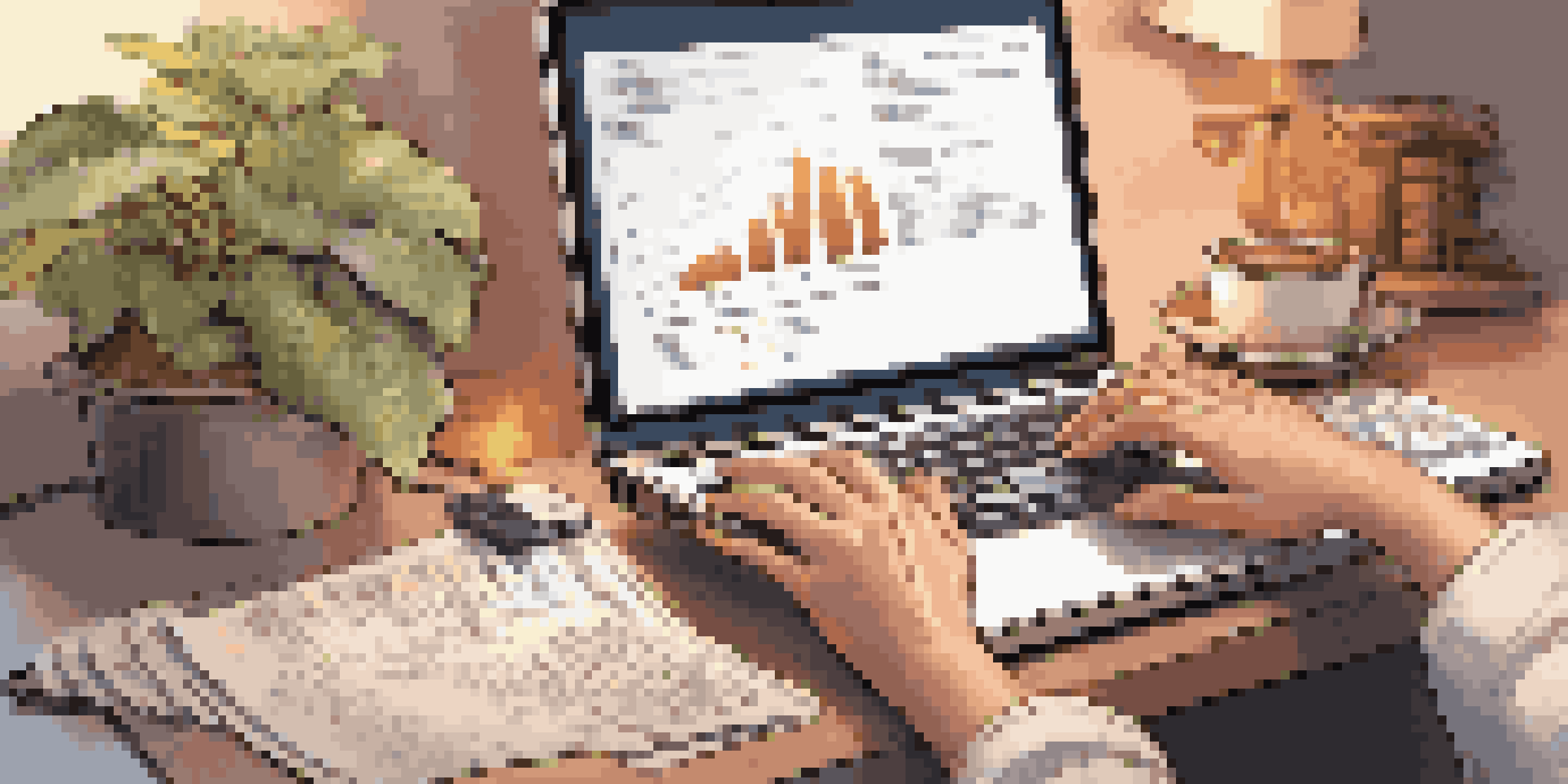 Close-up of hands typing on a laptop with tax documents and a calculator on a cozy desk, featuring warm lighting.