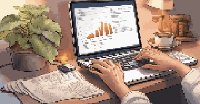 Close-up of hands typing on a laptop with tax documents and a calculator on a cozy desk, featuring warm lighting.