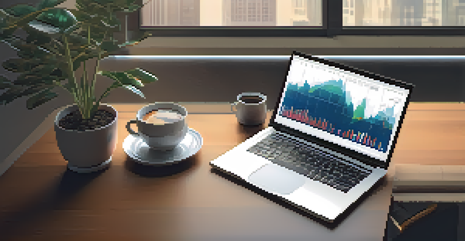 A person analyzing financial graphs on a laptop at a desk, with soft light and a potted plant in the background.