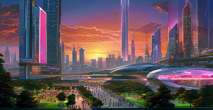 A futuristic city skyline during sunset with neon lights, flying vehicles, and a park filled with diverse people.