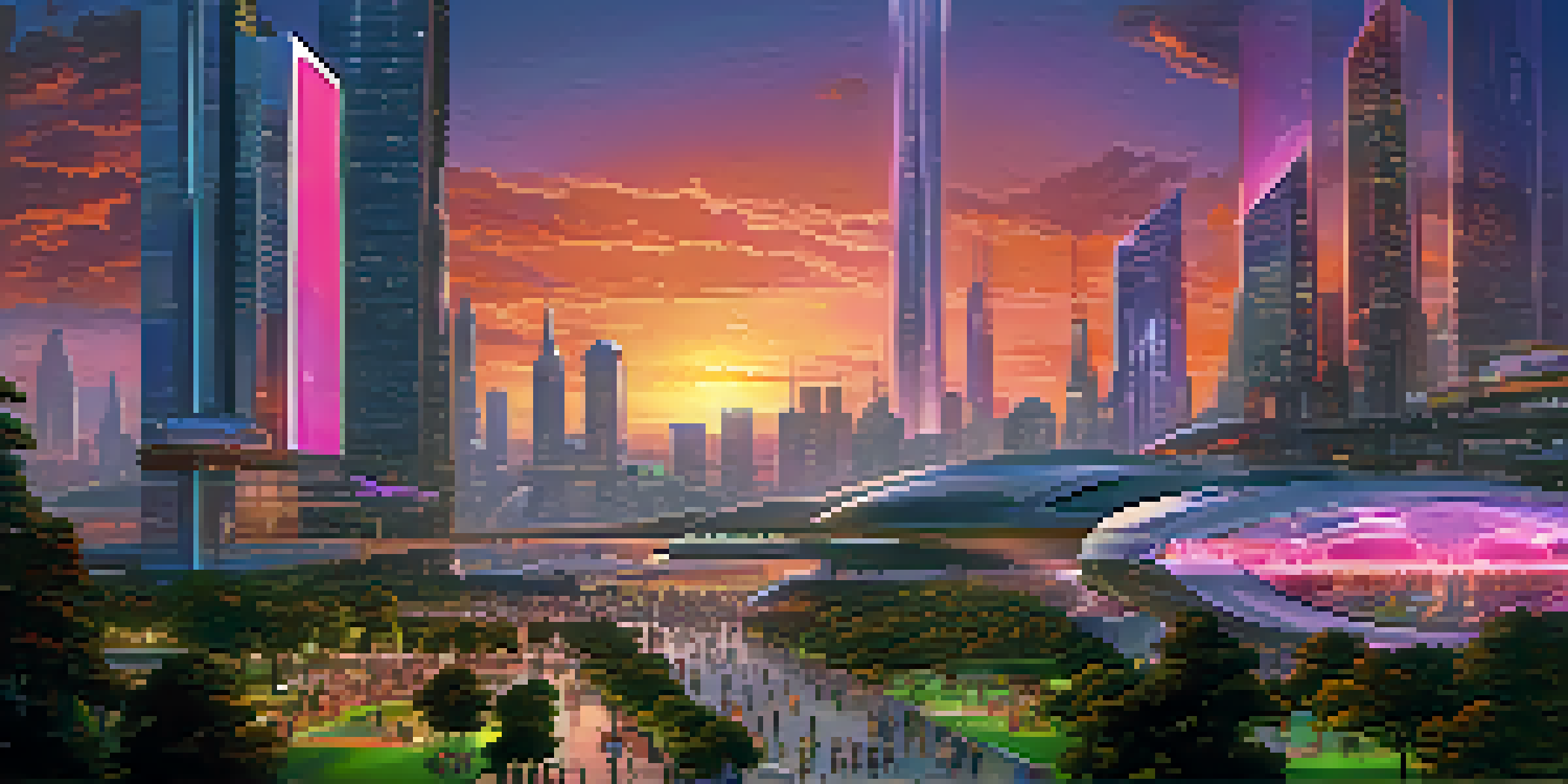 A futuristic city skyline during sunset with neon lights, flying vehicles, and a park filled with diverse people.