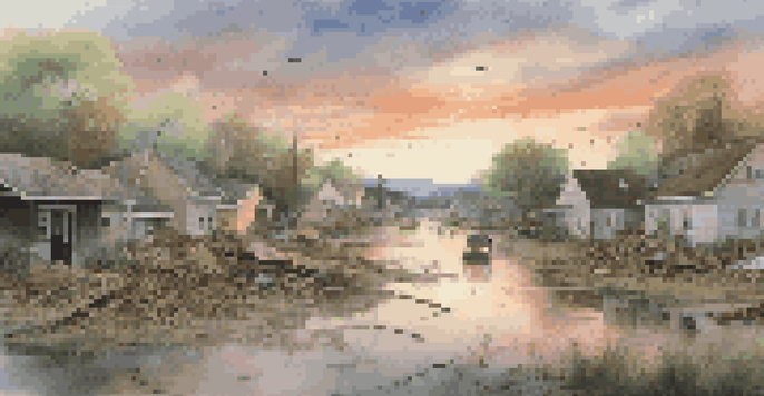 A peaceful landscape showing a flooded town after a natural disaster, with damaged homes and emergency responders helping residents.
