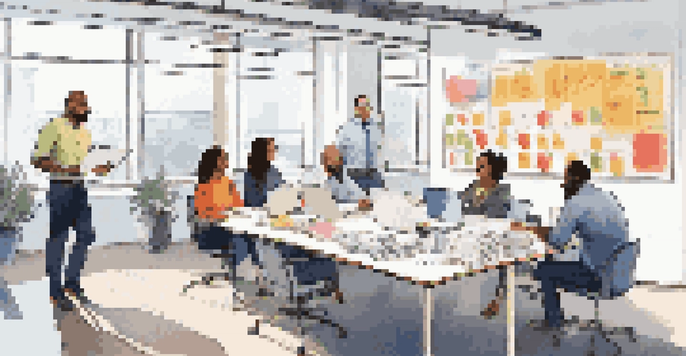 A diverse group of professionals collaborating in a bright, modern office setting, surrounded by laptops and documents, with a whiteboard in the background filled with diagrams.