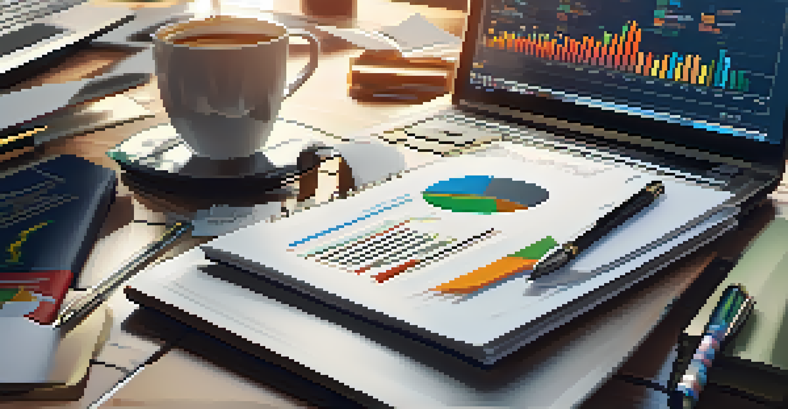 A wooden desk with financial documents, a laptop showing stock analysis, and a cup of coffee.