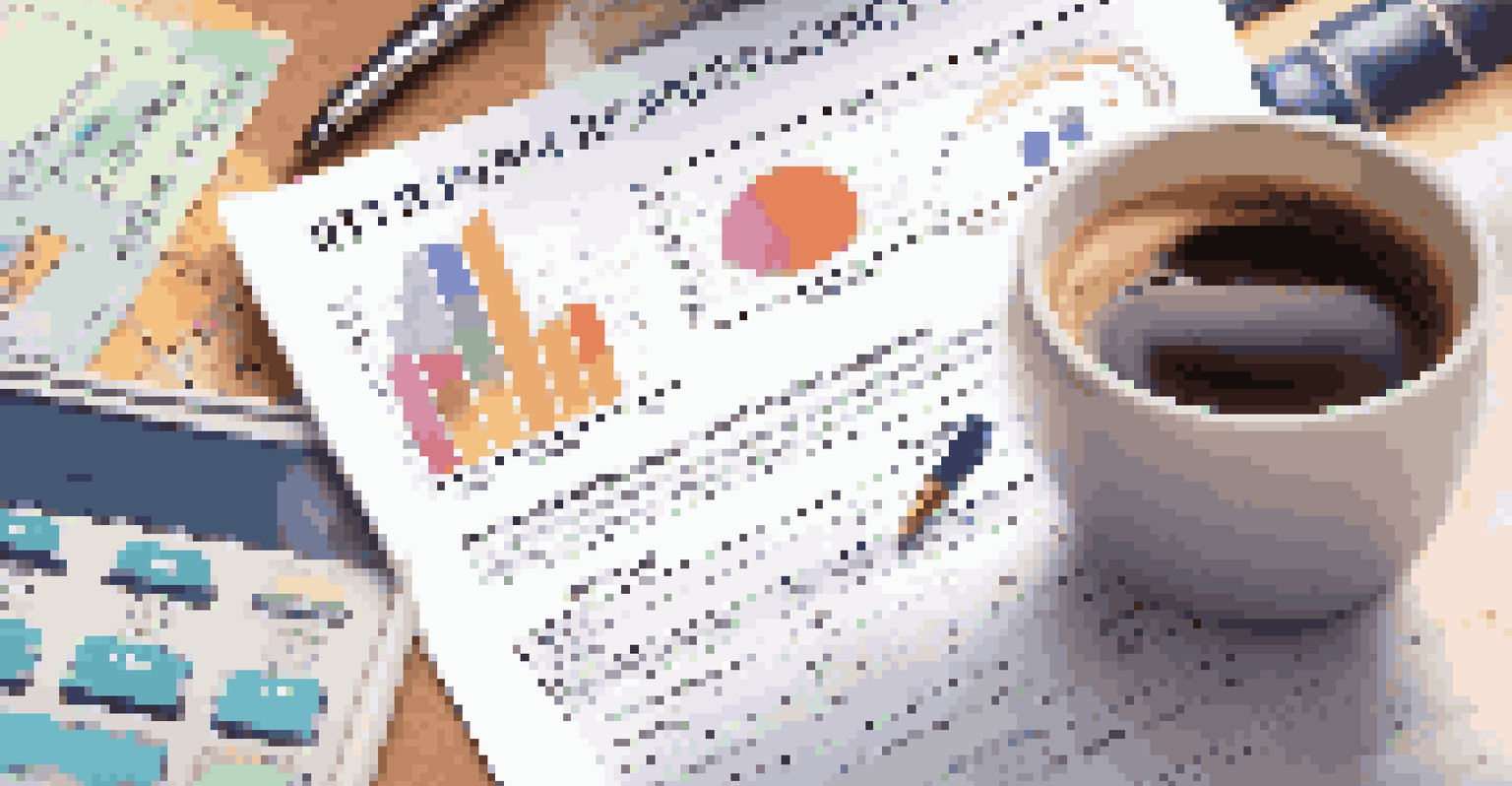 A hand holding a pen over financial documents with graphs, in a cozy workspace, symbolizing careful financial planning.