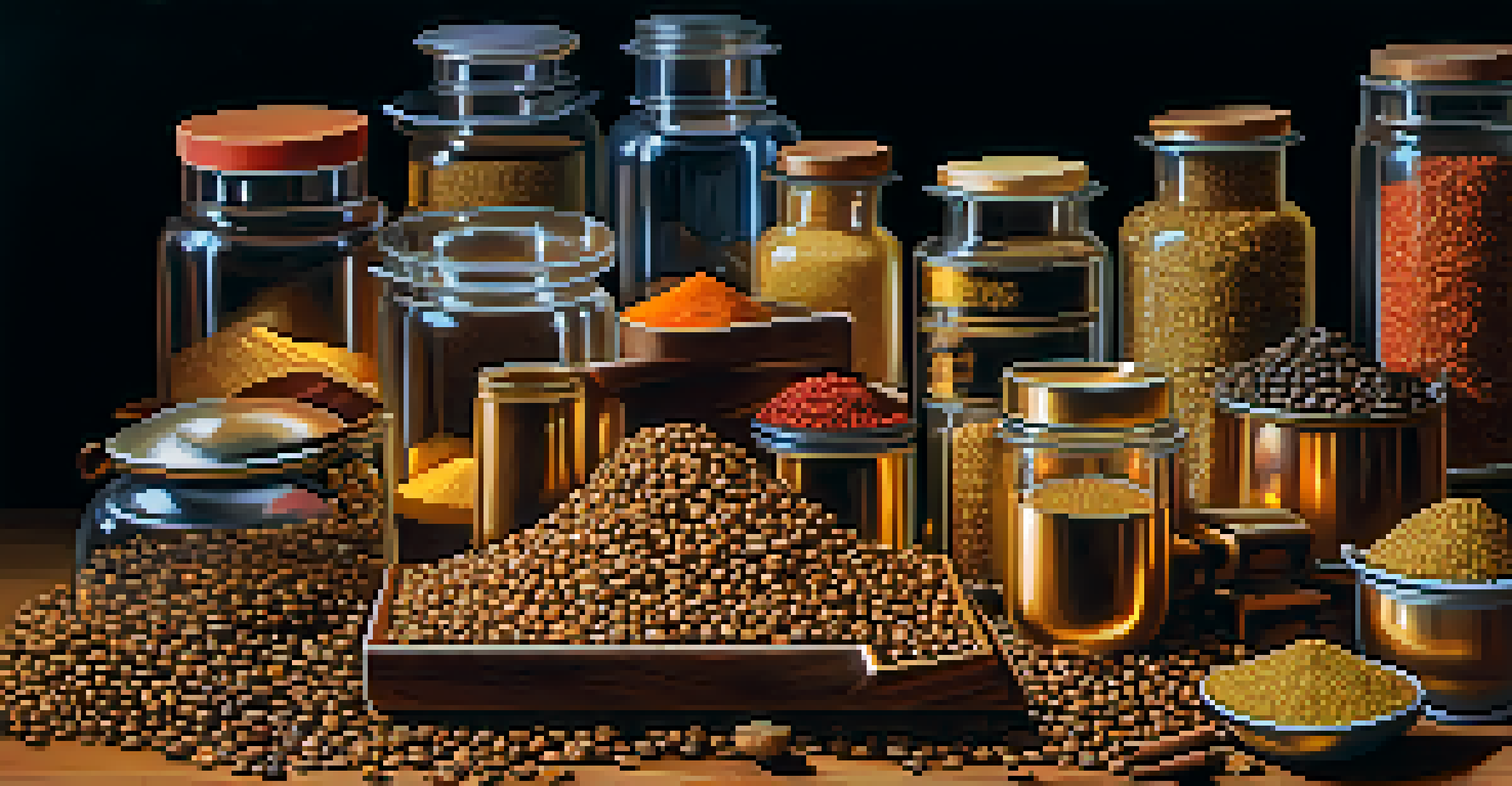 A detailed arrangement of commodities like gold bars, coffee beans, and spices on a wooden surface.
