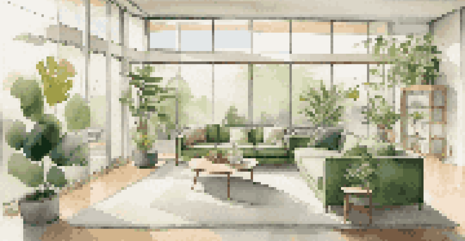 A modern living room interior with eco-friendly design and natural light.