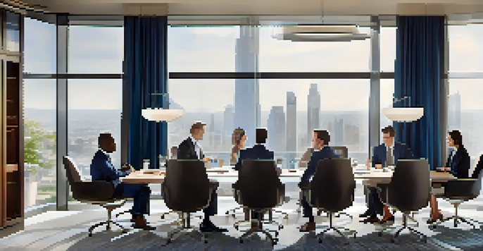 A diverse group of business professionals negotiating around a conference table, showcasing various emotions in a well-lit room with a city view.