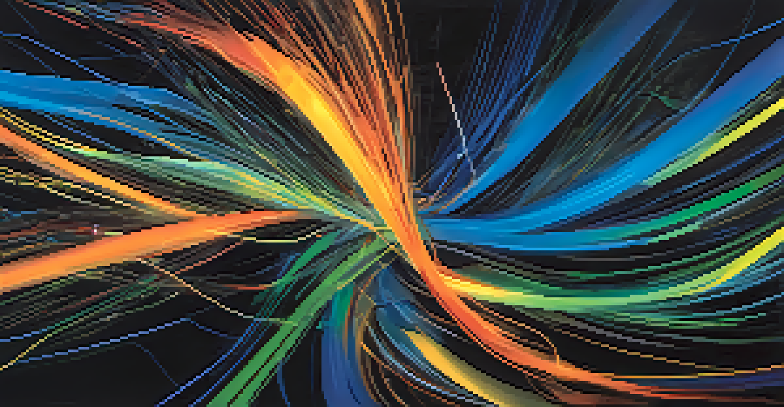 An abstract image showing vibrant colors representing data flow in finance, with shapes of stock market trends and graphs against a dark background.