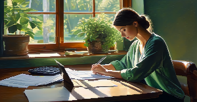 A person at a desk reviewing financial documents with sunlight streaming in and plants in the background.