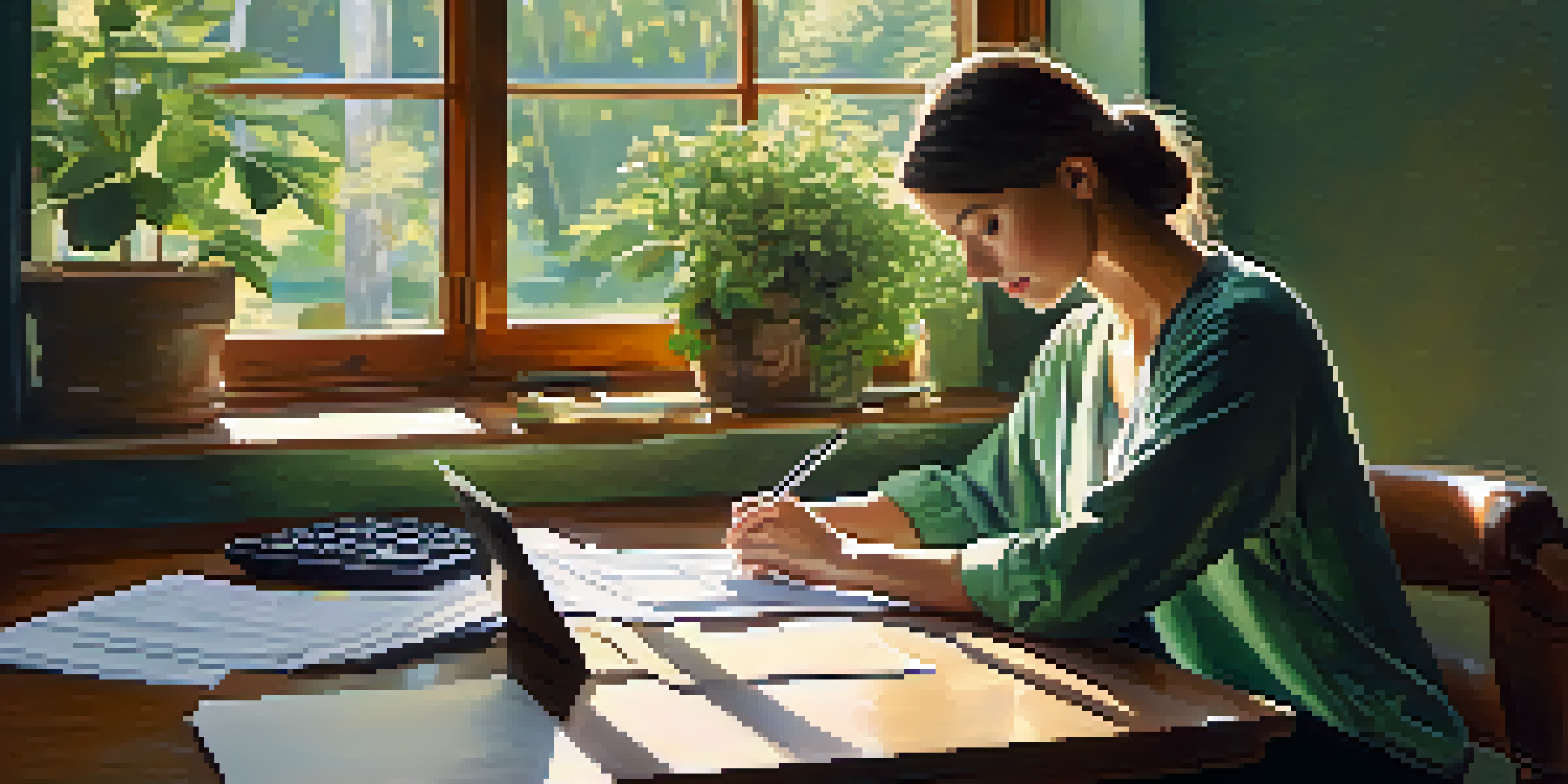 A person at a desk reviewing financial documents with sunlight streaming in and plants in the background.