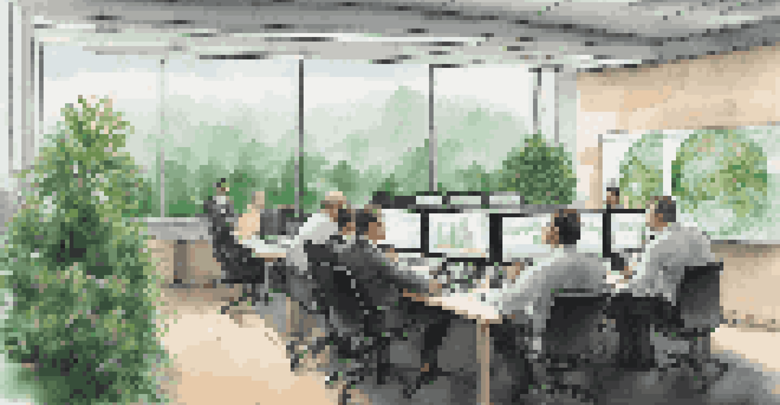 Investors in a modern office looking at financial graphs showing volatility after a natural disaster, with expressions of concern.
