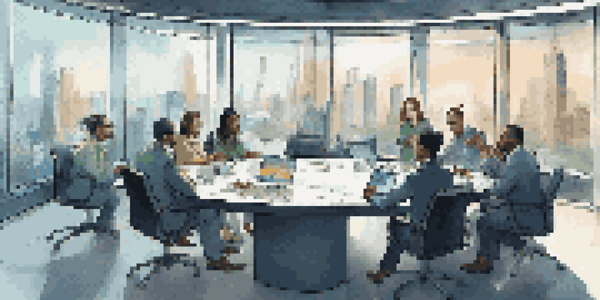A diverse group of traders discussing strategies around a table, with stock price screens in a modern room.