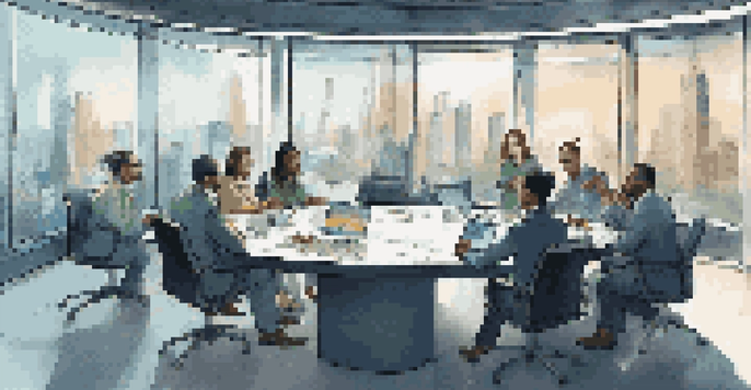 A diverse group of traders discussing strategies around a table, with stock price screens in a modern room.