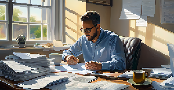 A small business owner working at a cluttered desk filled with financial documents and a laptop, with a cup of coffee beside them and notes on a whiteboard in the background.