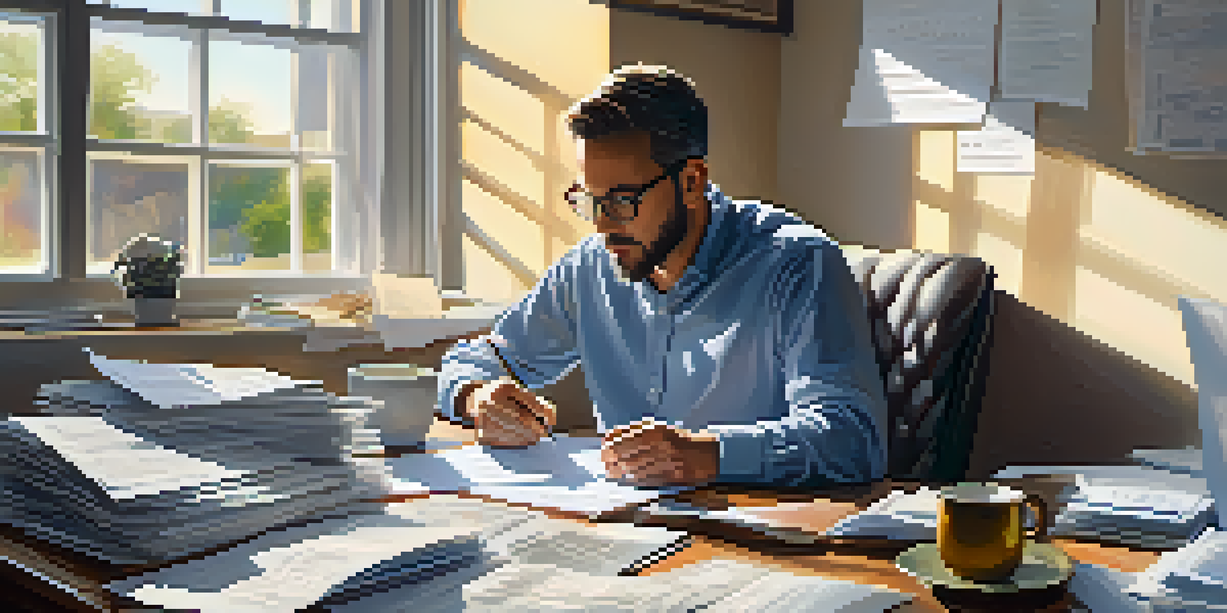 A small business owner working at a cluttered desk filled with financial documents and a laptop, with a cup of coffee beside them and notes on a whiteboard in the background.