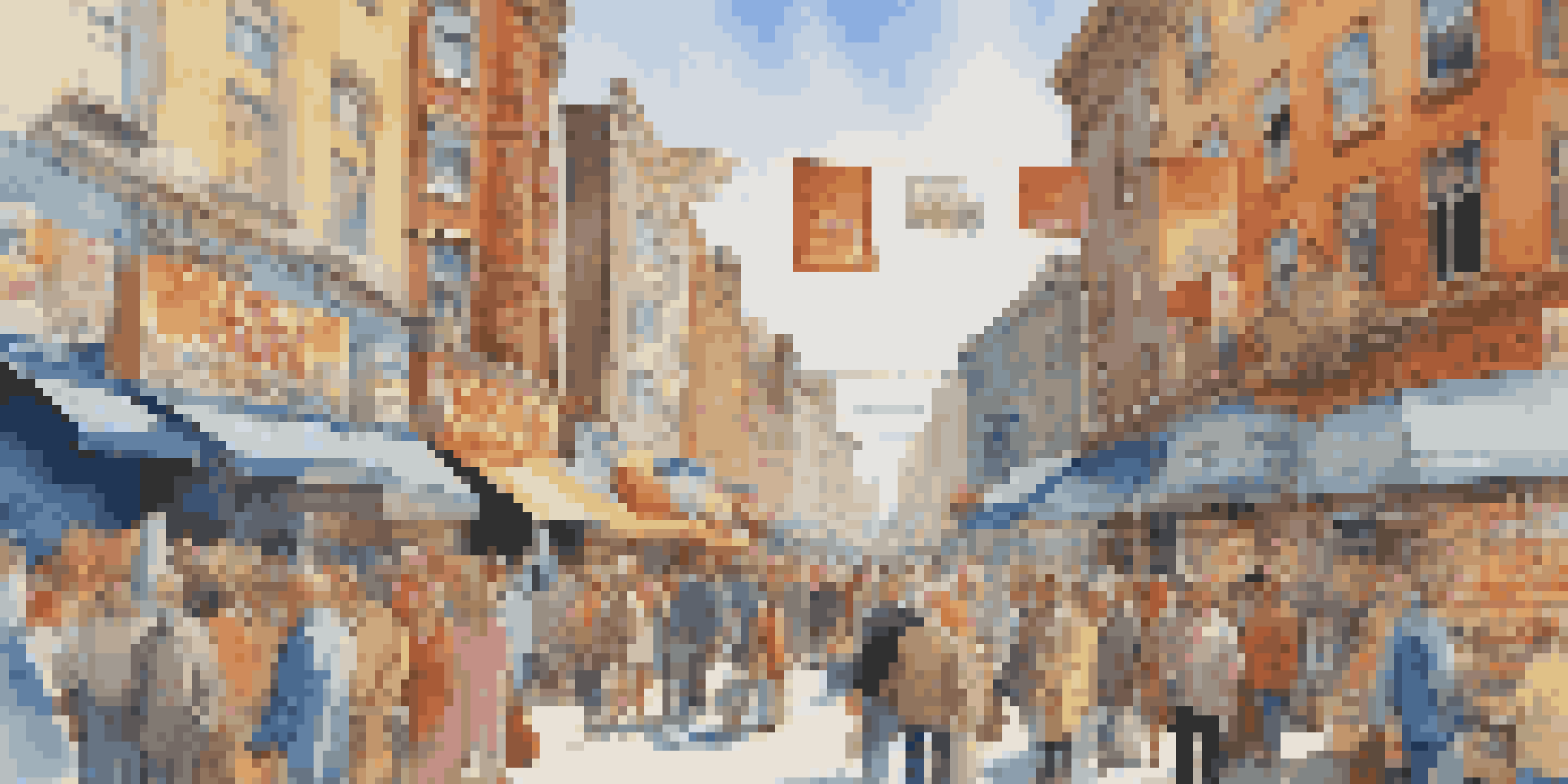 A lively urban market scene with shoppers examining product prices, colorful storefronts, and bright sunlight.
