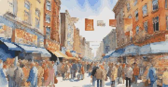 A lively urban market scene with shoppers examining product prices, colorful storefronts, and bright sunlight.