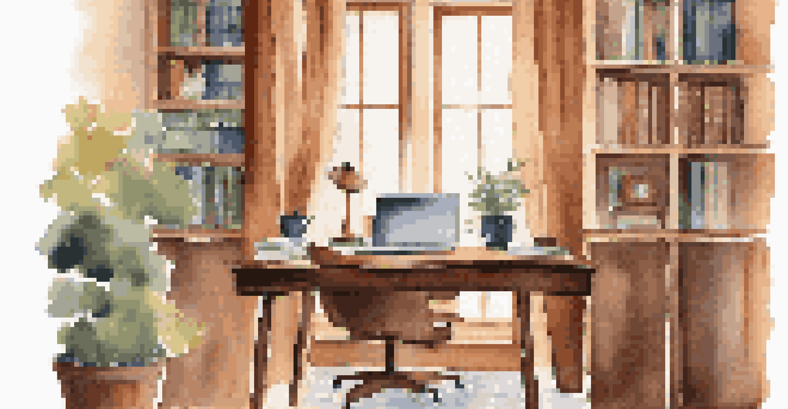 A cozy home office with a desk, laptop, and books, illuminated by soft morning light.