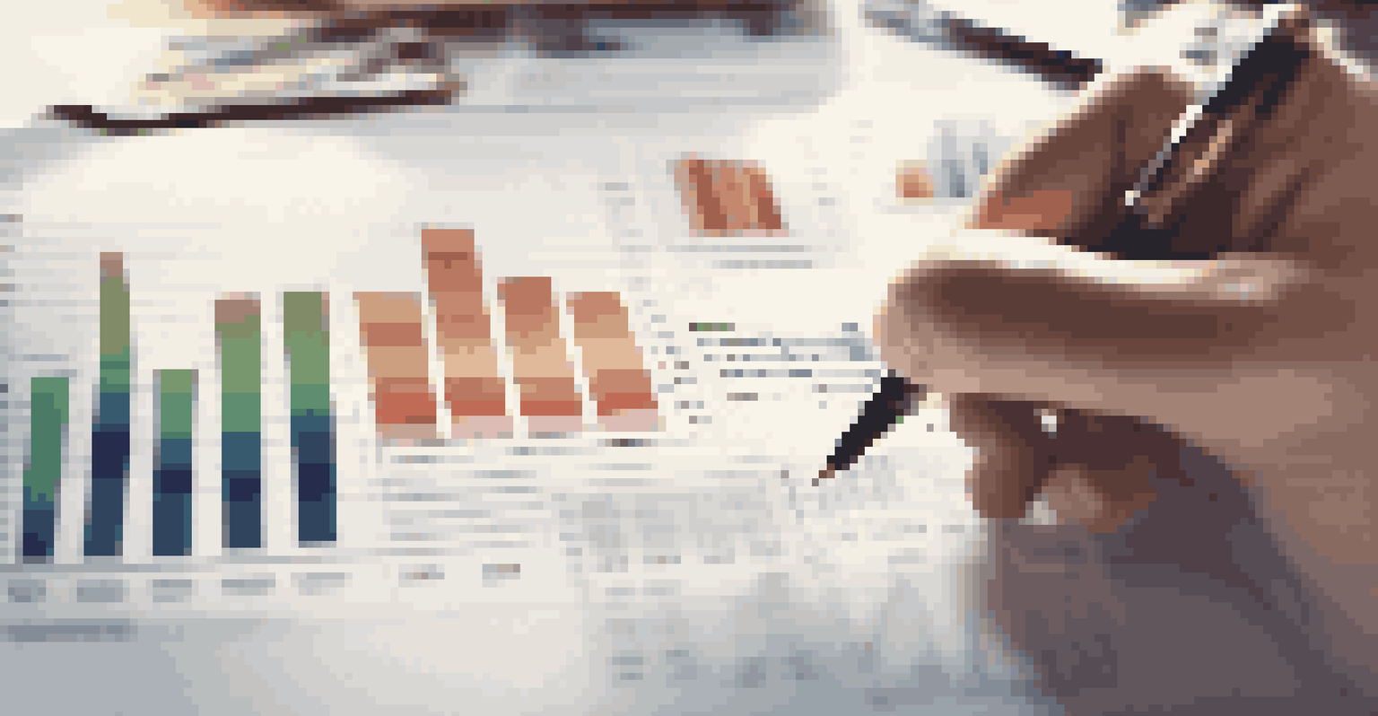 A close-up of a financial report with charts and graphs about real estate investments, with a hand analyzing the data.