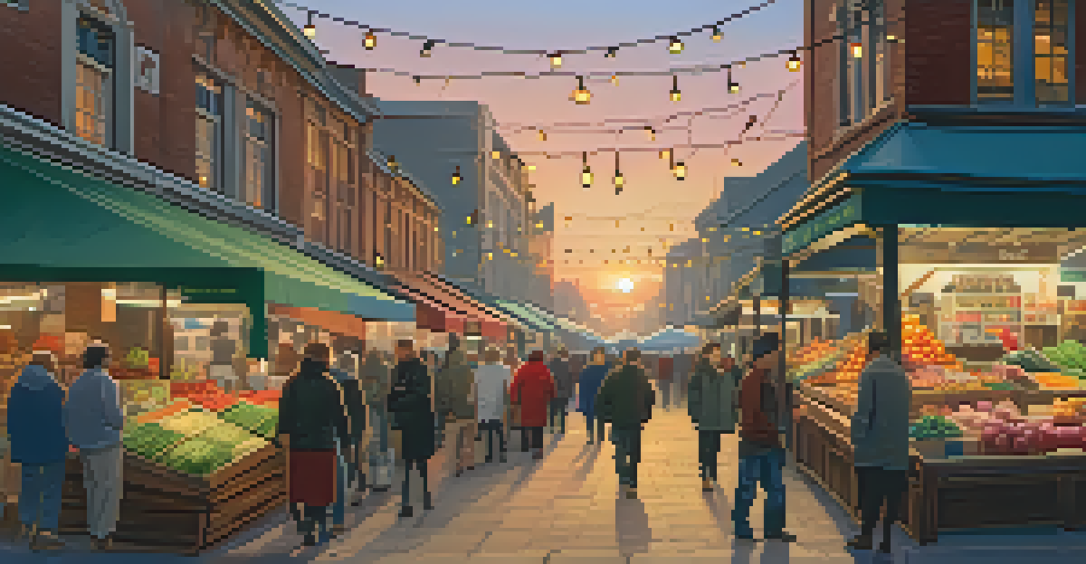 A lively market street at dusk with colorful stalls and people walking under string lights.