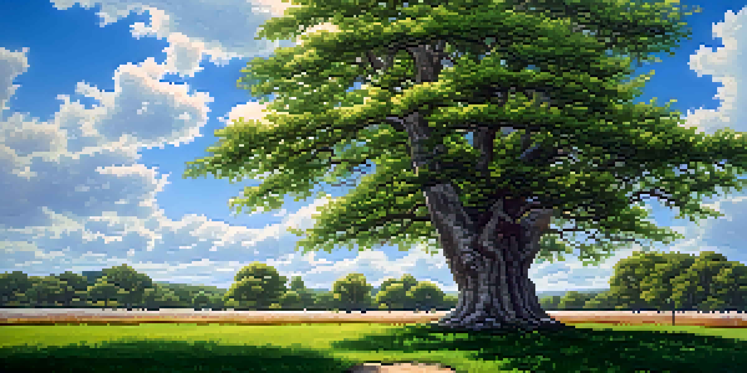 A lush green tree under a bright blue sky with clouds, symbolizing long-term growth.